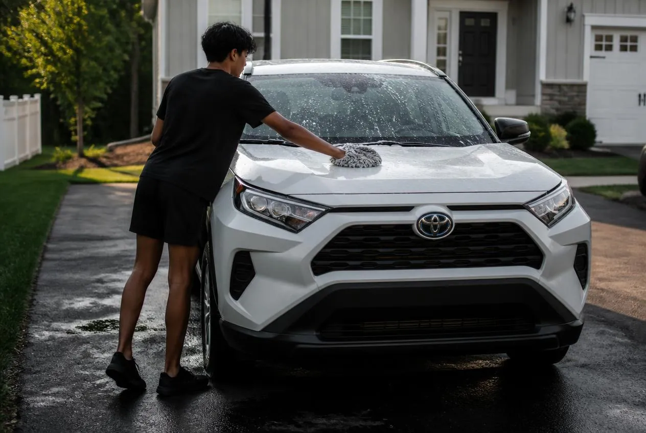 FreshWorks Detailing hand washing a white 2024 Toyota RAV4 in a Manassas, VA driveway